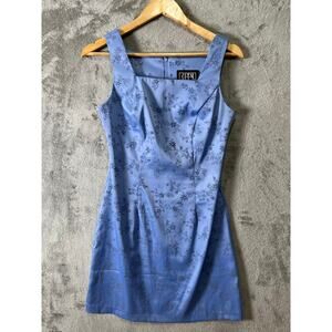 Vintage Blue Glitter Floral Mini Dress Square Neck 90s Feminine Coquette Small